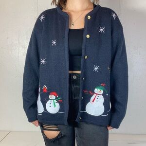 Black Knit Embroidered Winter Button Down Cardigan Sweater